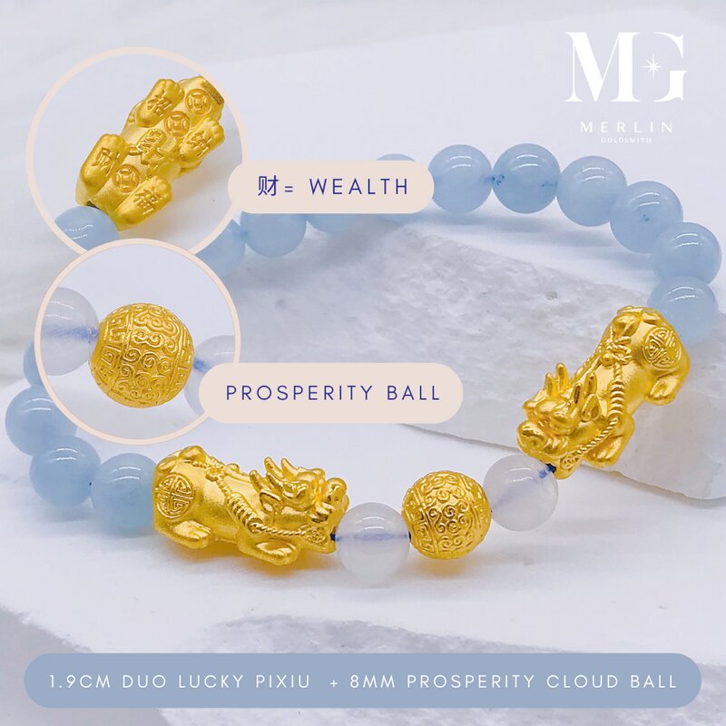 999 PURE GOLD 1.9CM DUO LUCKY PIXIU + 8MM PROSPERITY CLOUD BALL PAIRED WITH 7MM AQUAMARINE & MOONSTONE BEADS | Merlin Goldsmith